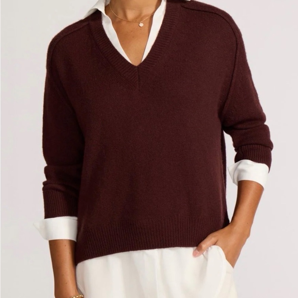Brochu Walker The Looker Layer V-Neck  Layered Cashmere Chocolate/white Sweater - Picture 6 of 7